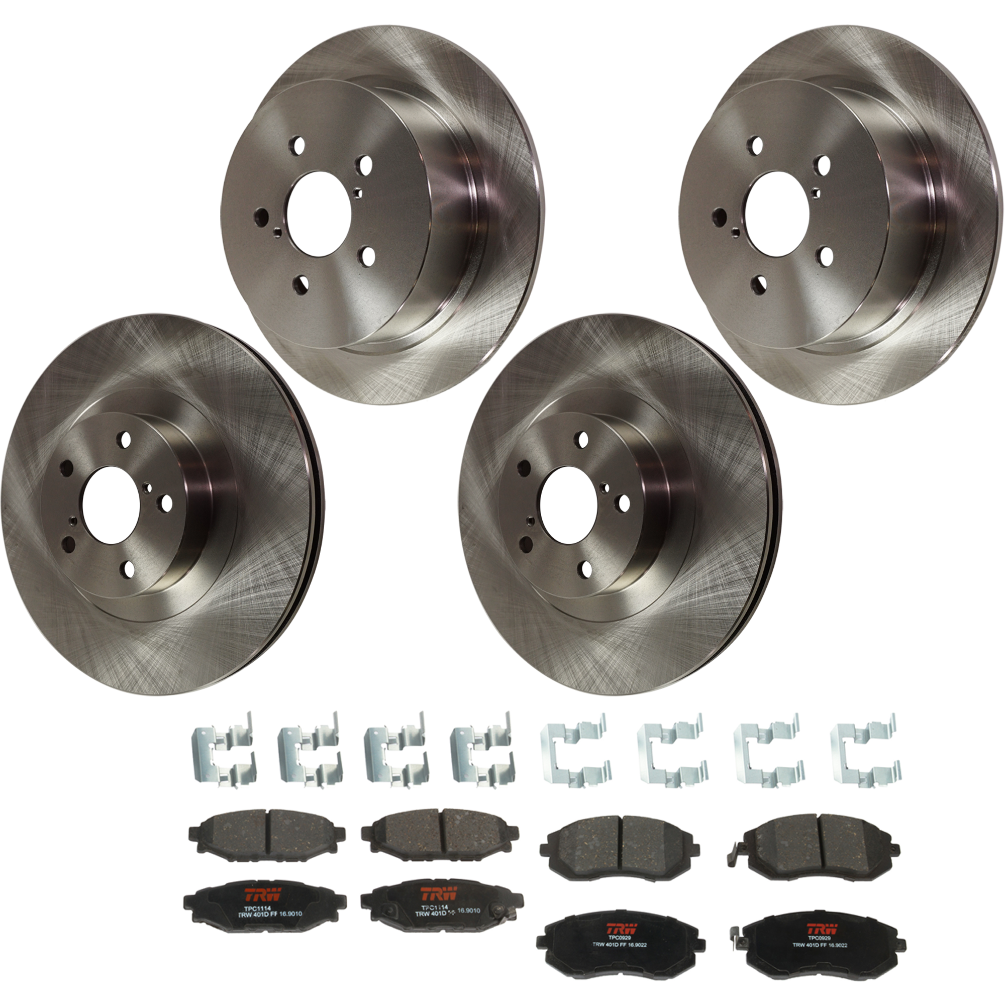 KIT-073024-9711 4-Wheel Set Front and Rear Brake Disc and Pad Kit, Plain Surface 5 Lugs Front-293.62 mm/Rear-273.81 mm Ceramic, Includes (2) Brake Pad Set and (4) Brake Disc
