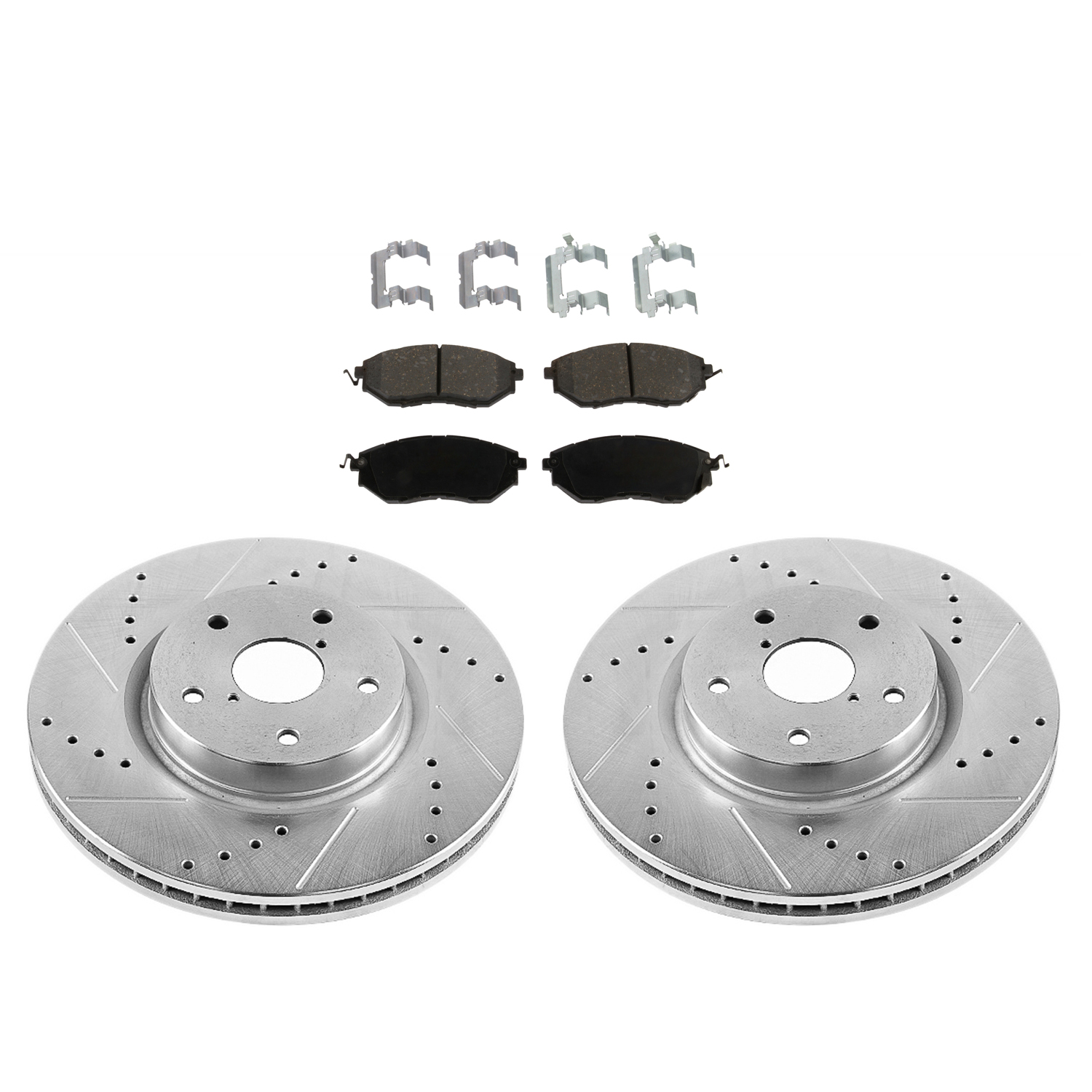 KIT-090821-416 2-Wheel Set Front Brake Disc and Pad Kit, Cross-drilled and Slotted 5 Lugs Organic Evolution Drilled & Slotted Series, Includes (1) Disc and (1) Pad Set