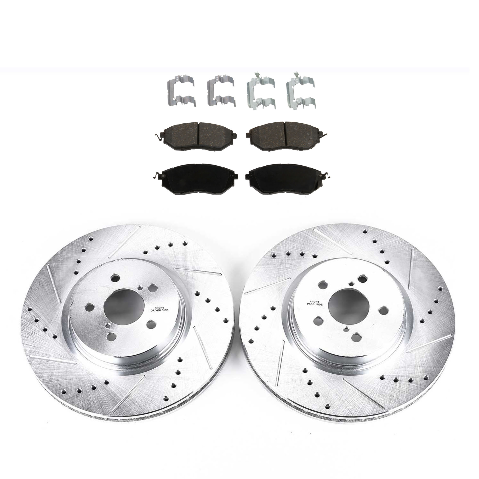 KIT-092121-119 2-Wheel Set Front Brake Disc and Pad Kit, Cross-drilled and Slotted 5 Lugs 316.48 mm Organic Evolution Drilled & Slotted Series, Includes (1) Disc and (1) Pad Set