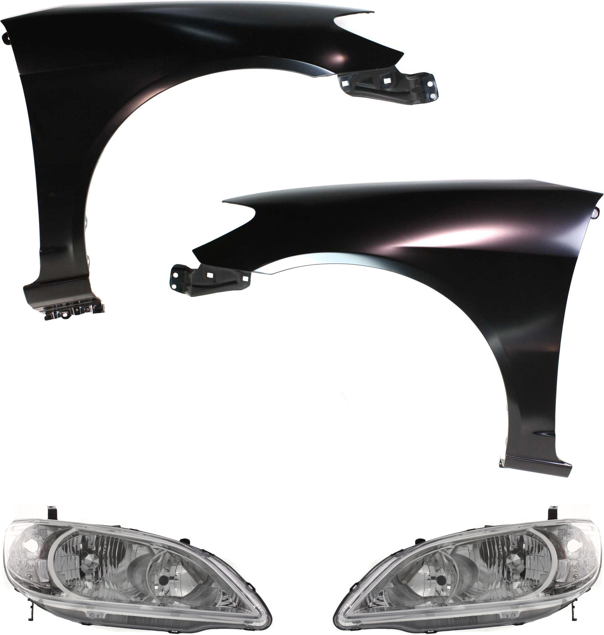 4-Piece Kit Driver and Passenger Side Halogen Headlight, Without bulb(s), OE Replacement, Includes (2) Headlight and (2) Fender