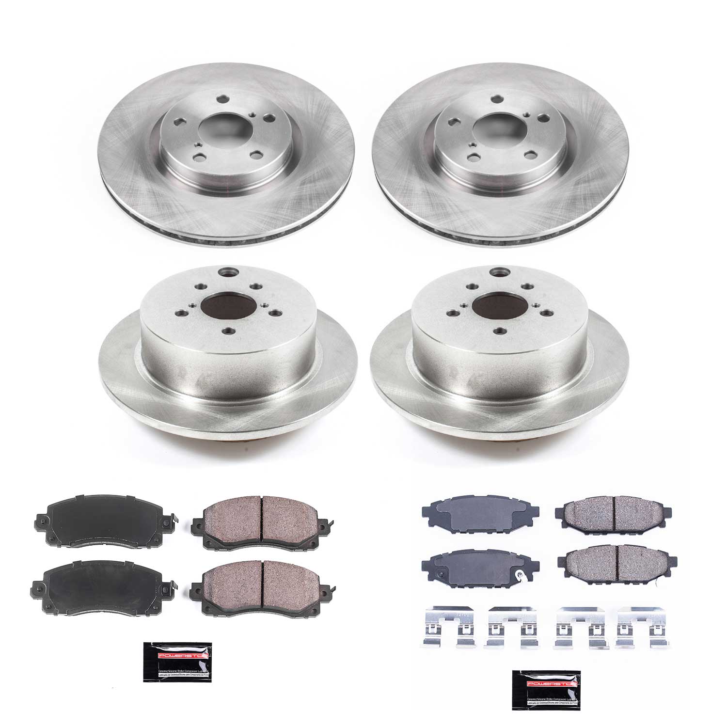 KOE7926 4-Wheel Set Front and Rear Brake Disc and Pad Kit, Plain Surface, 5 Lugs, Ceramic, 10.88 in. Front Disc Diameter, OE Replacement Series