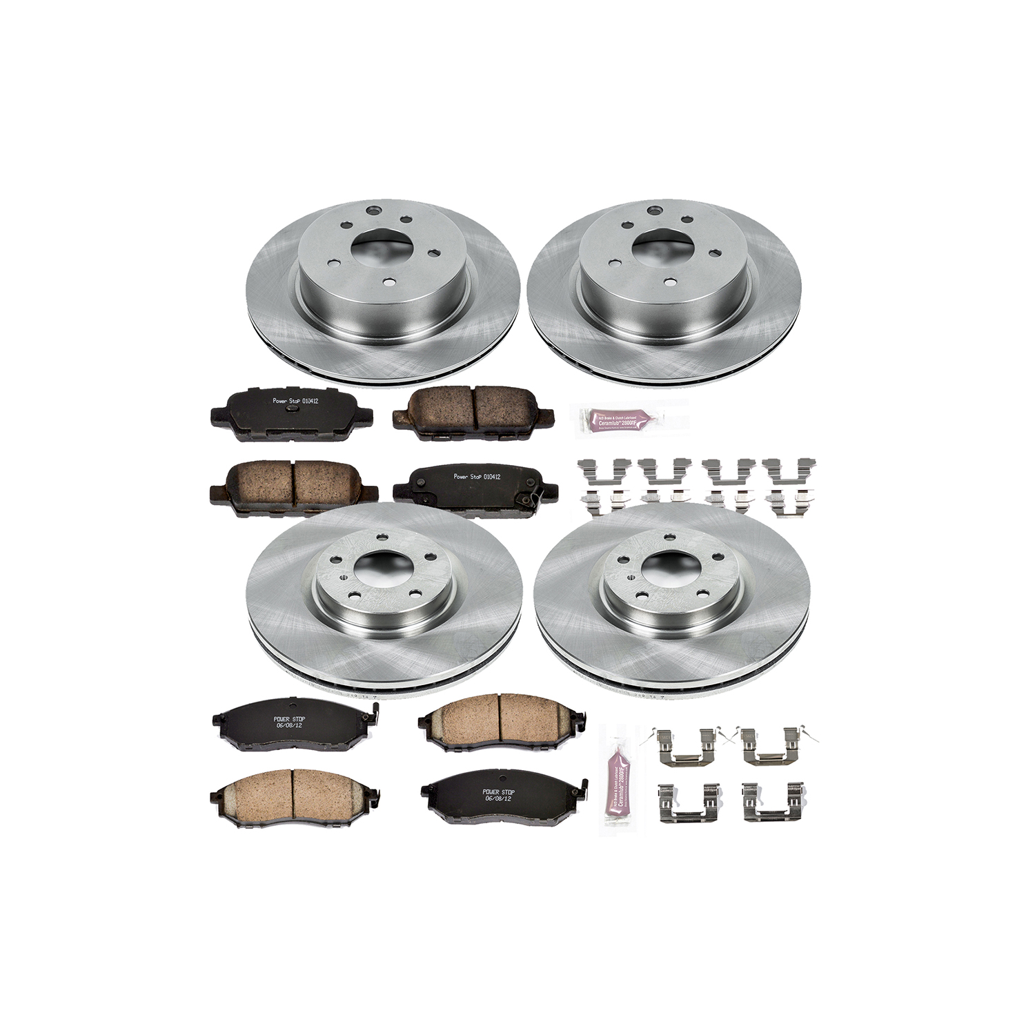 4-Wheel Set Power Stop® KOE114 Front and Rear OE Stock Replacement Low-Dust Ceramic Brake Pad and Rotor Kit