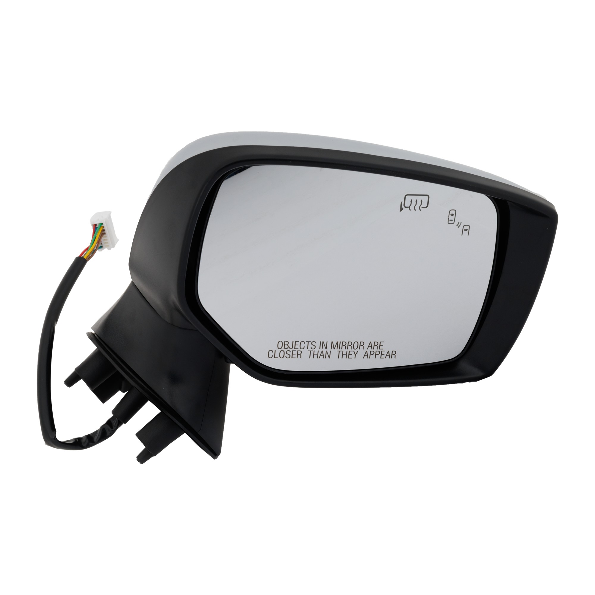 Passenger Side Mirror, Power Adjust, Manual Folding, Heated, Chrome, In-housing Signal Light, No Memory, Puddle Light, and Auto-Dimming, With Blind Spot Detection in Glass and...