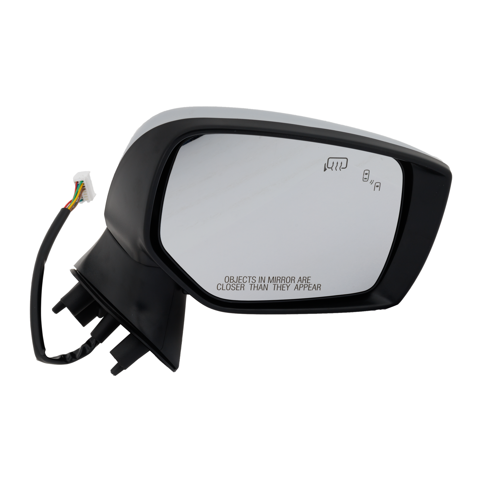 Passenger Side Mirror, Power Adjust, Manual Folding, Heated, Chrome, In-housing Signal Light, No Memory, Puddle Light, and Auto-Dimming, With Blind Spot Detection in Glass and...