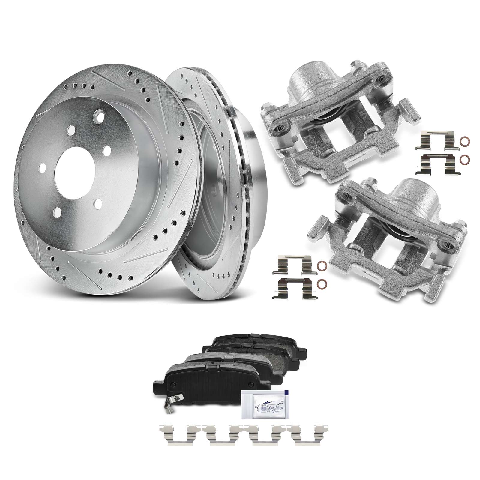 APBRPS547 8 Pcs Rear Drilled Brake Rotors & Pads + Brake Calipers