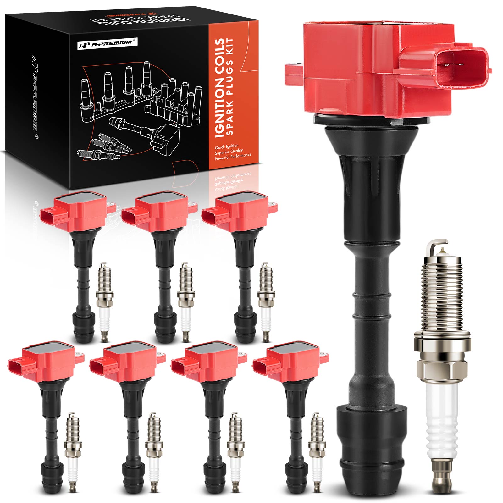 APIC1401 8 Pcs Red Ignition Coil & 8 Pcs Iridium Spark Plug Kit