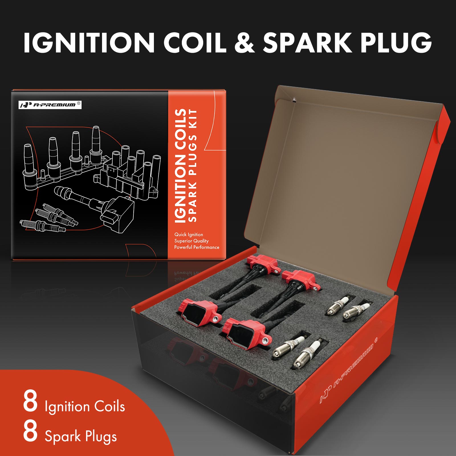 APIC1401 8 Pcs Red Ignition Coil & 8 Pcs Iridium Spark Plug Kit - Image 2