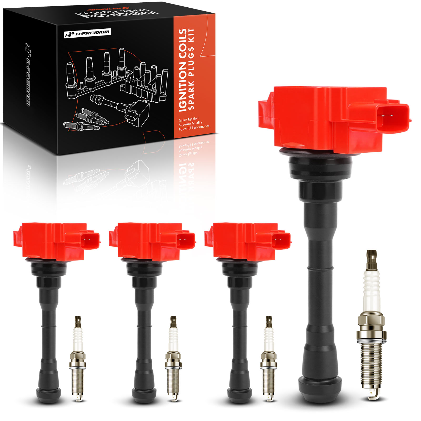 APIC1547 4 Pcs Red Ignition Coil & 4 Pcs Iridium Spark Plug Kit