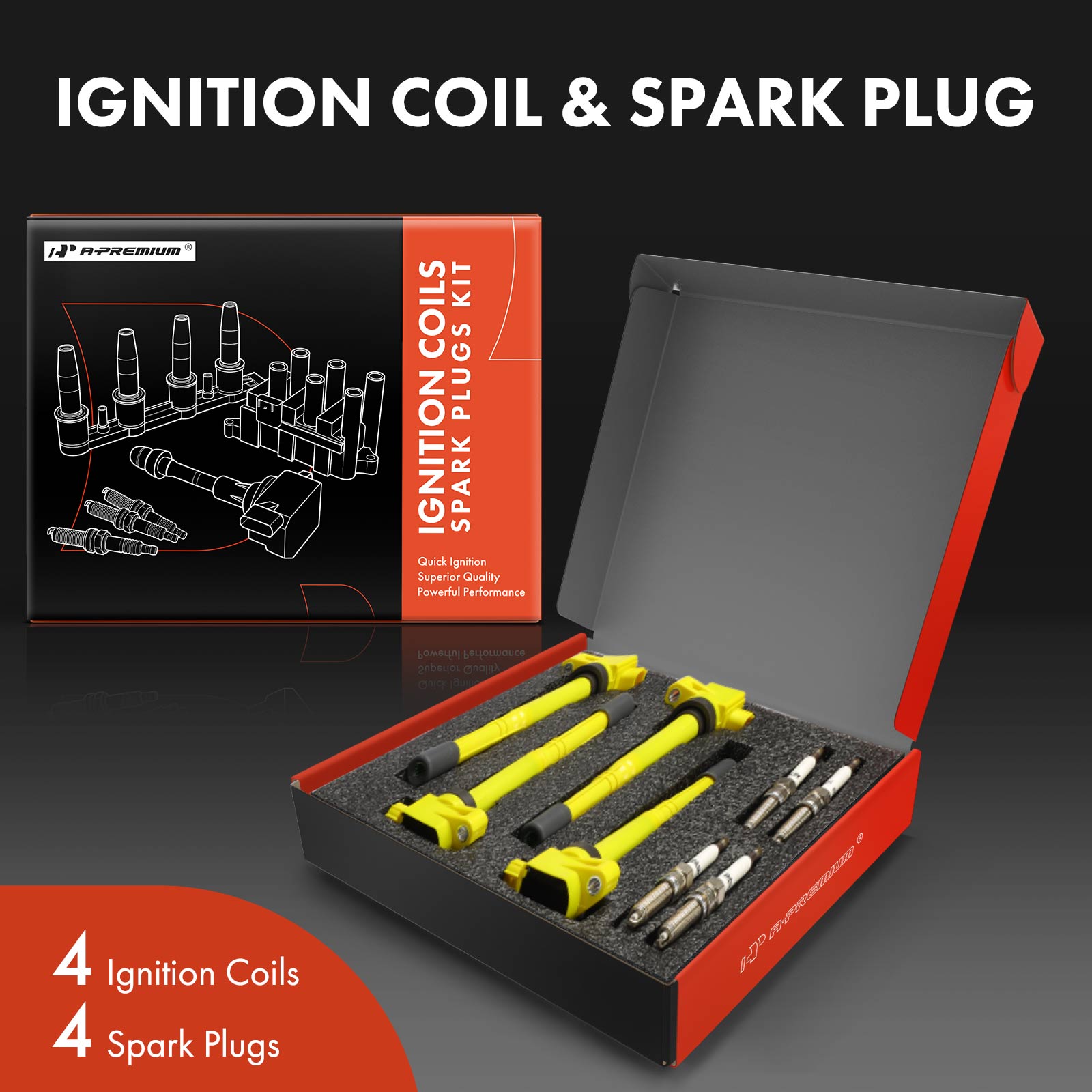 APIC1572 4 Pcs Yellow Ignition Coil & 4 Pcs Iridium Spark Plug Kit - Image 2