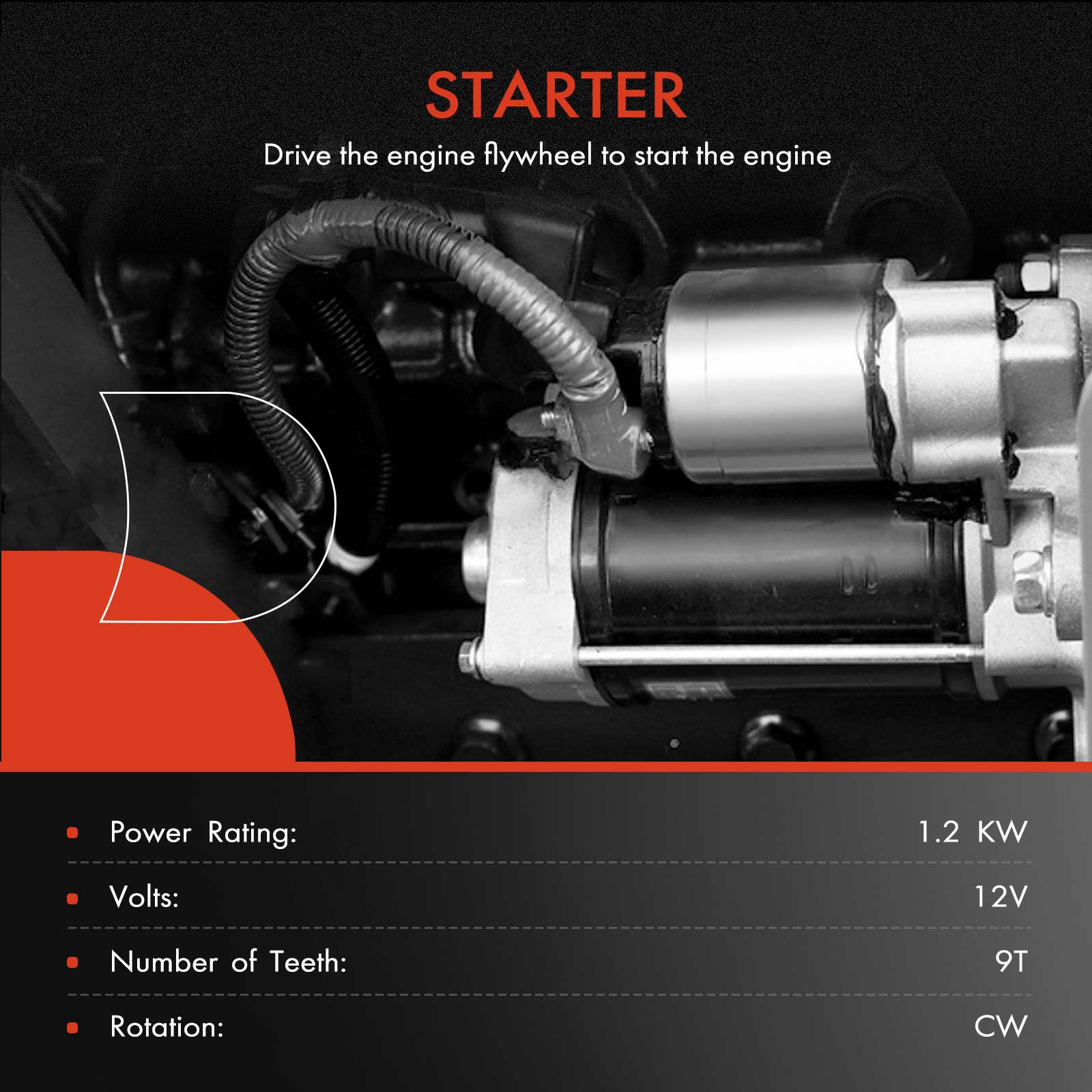 APSTR142 Starter Motor 1.2KW 12V CW 9 Teeth - Image 4
