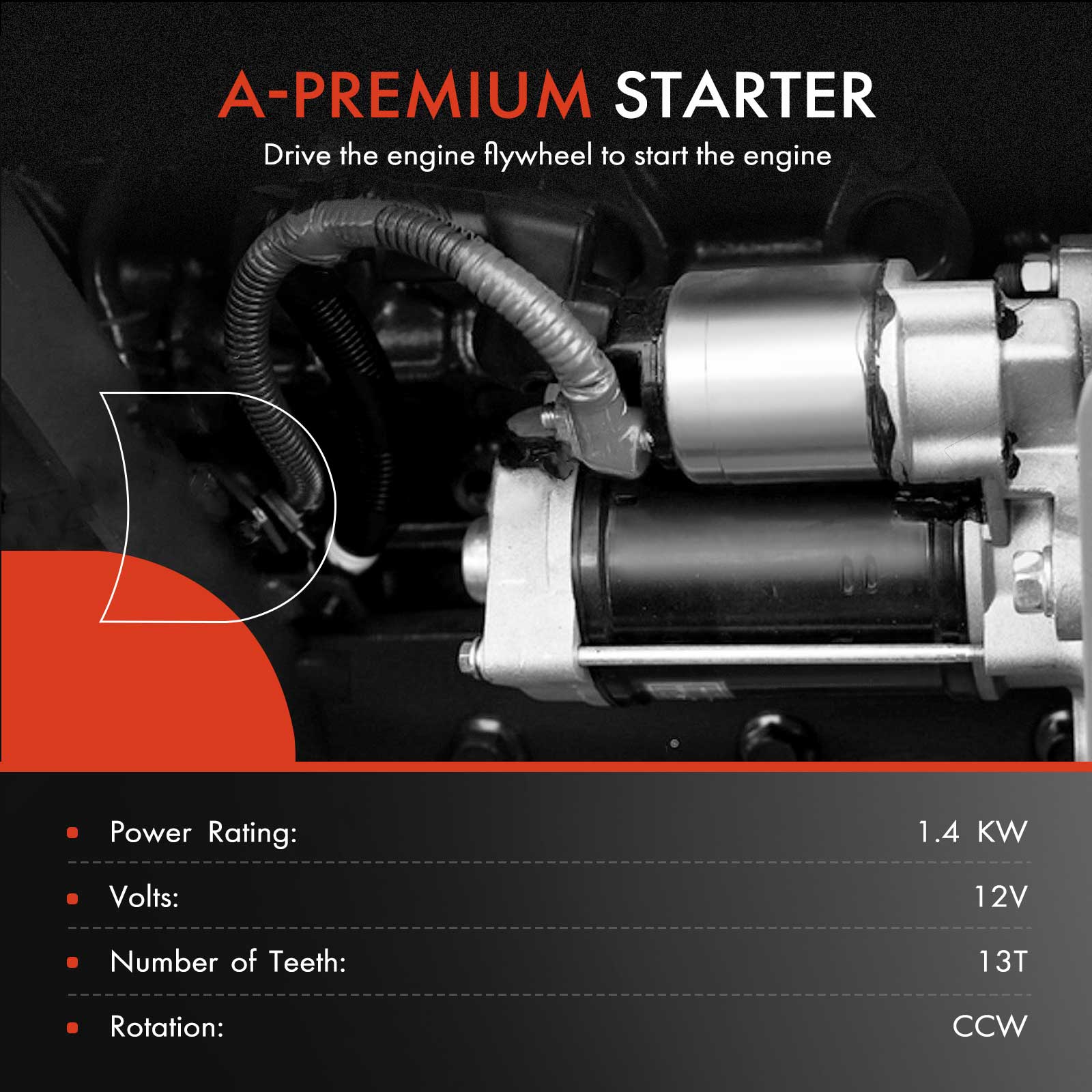 APSTR345 Starter Motor 1.4KW 12V CCW 13 Teeth - Image 2