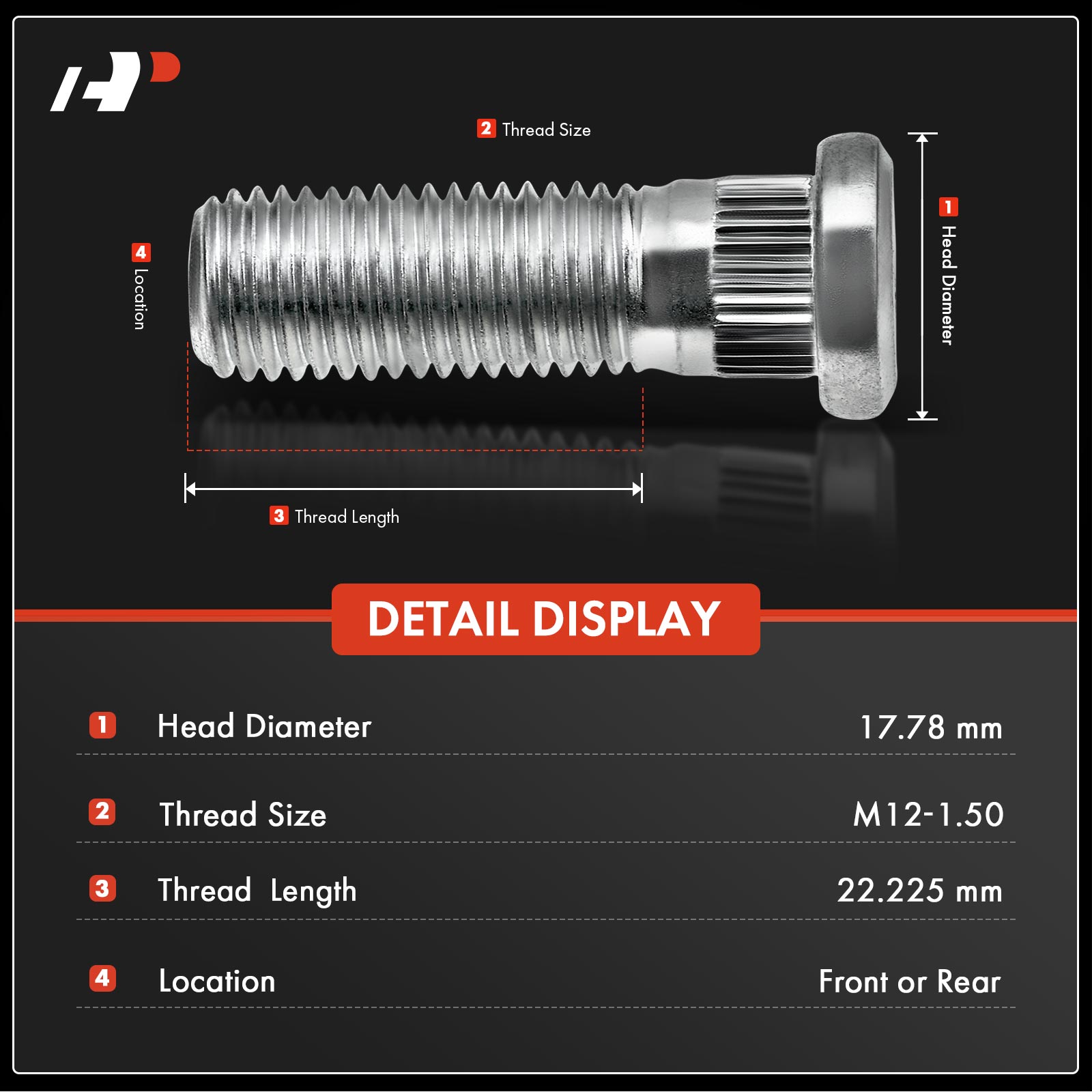 APWHS043 4x M12-1.50 Wheel Lug Stud - Image 2