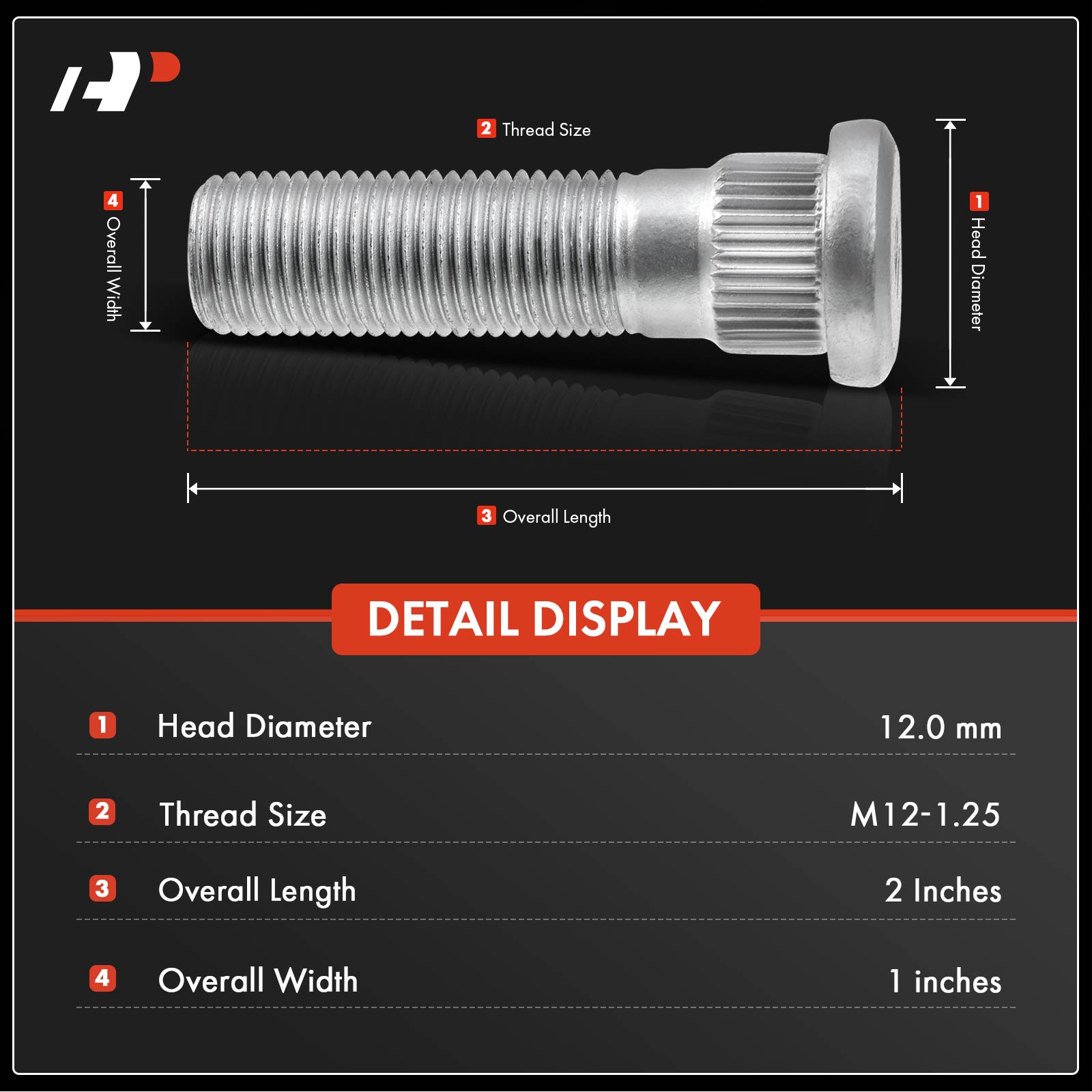 APWHS070 10x Front or Rear M12-1.25 Wheel Lug Stud - Image 2