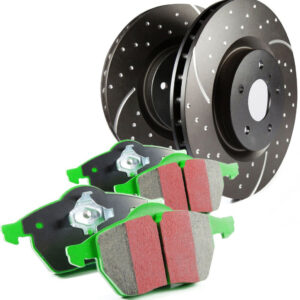 S10KF1379 Front Brake Disc and Pad Kit, Silver Grey Geomet, Dimpled and Slotted, 5 Lugs, Aramid Fiber, S10 Greenstuff 2000 and GD Sport Slotted and Dimpled Rotors