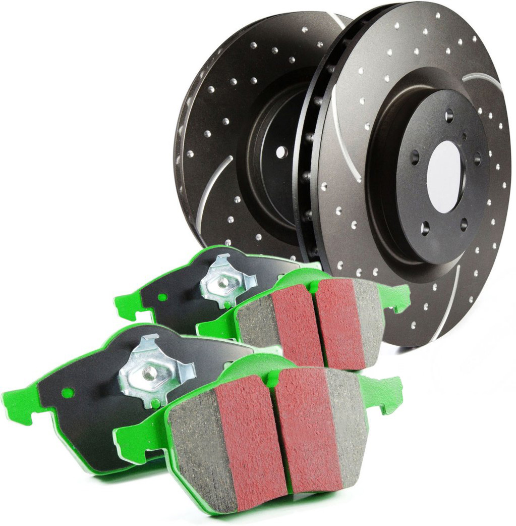 S10KF1379 Front Brake Disc and Pad Kit, Silver Grey Geomet, Dimpled and Slotted, 5 Lugs, Aramid Fiber, S10 Greenstuff 2000 and GD Sport Slotted and Dimpled Rotors
