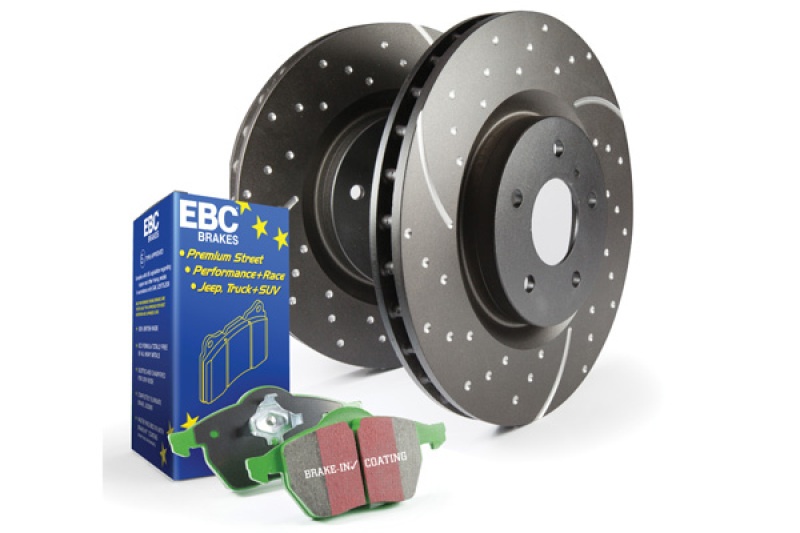 S10KF1601 Front Brake Disc and Pad Kit, Silver Grey Geomet, Dimpled and Slotted, 5 Lugs, Aramid Fiber, S10 Greenstuff 2000 and GD Sport Slotted and Dimpled Rotors