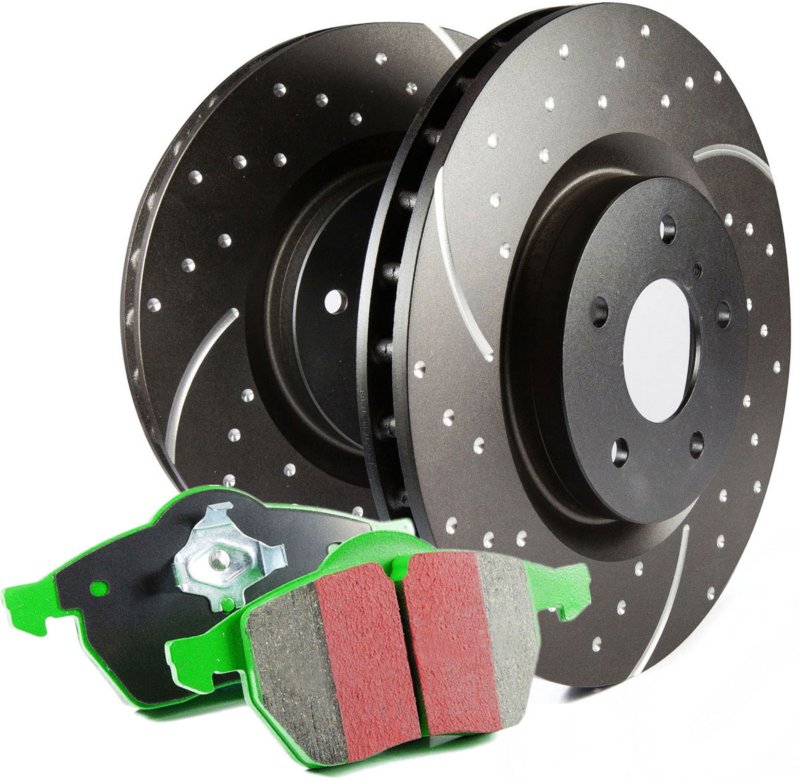 S10KR1119 Rear Brake Disc and Pad Kit, Silver Grey Geomet, Dimpled and Slotted, 5 Lugs, Aramid Fiber, S10 Greenstuff 2000 and GD Sport Slotted and Dimpled Rotors