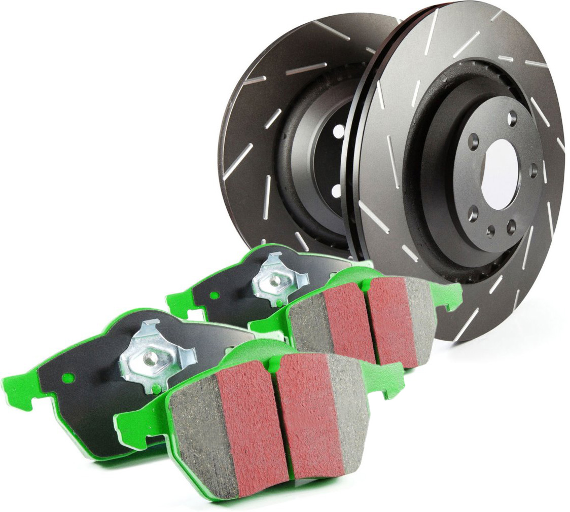 S2KF1428 Front Brake Disc and Pad Kit, Silver Grey Geomet, Slotted, 5 Lugs, Aramid Fiber, S2 Greenstuff 2000 and USR Sport Slotted Rotors