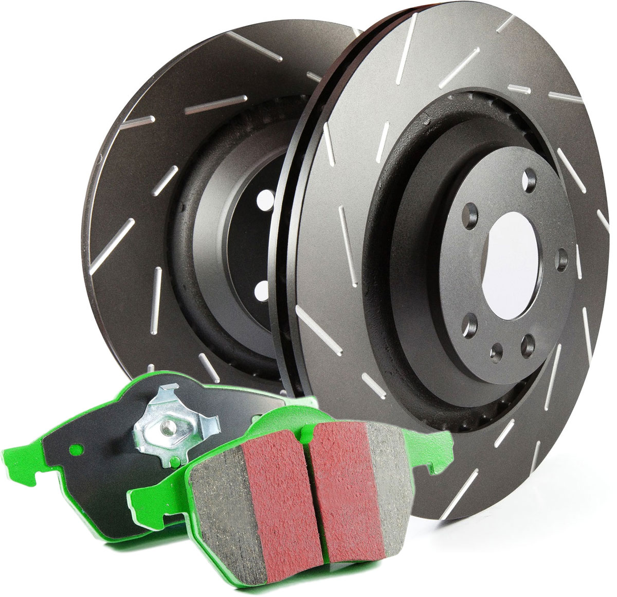 S2KR2365 Rear Brake Disc and Pad Kit, Silver Grey Geomet, Slotted, 5 Lugs, Aramid Fiber, S2 Greenstuff 2000 and USR Sport Slotted Rotors