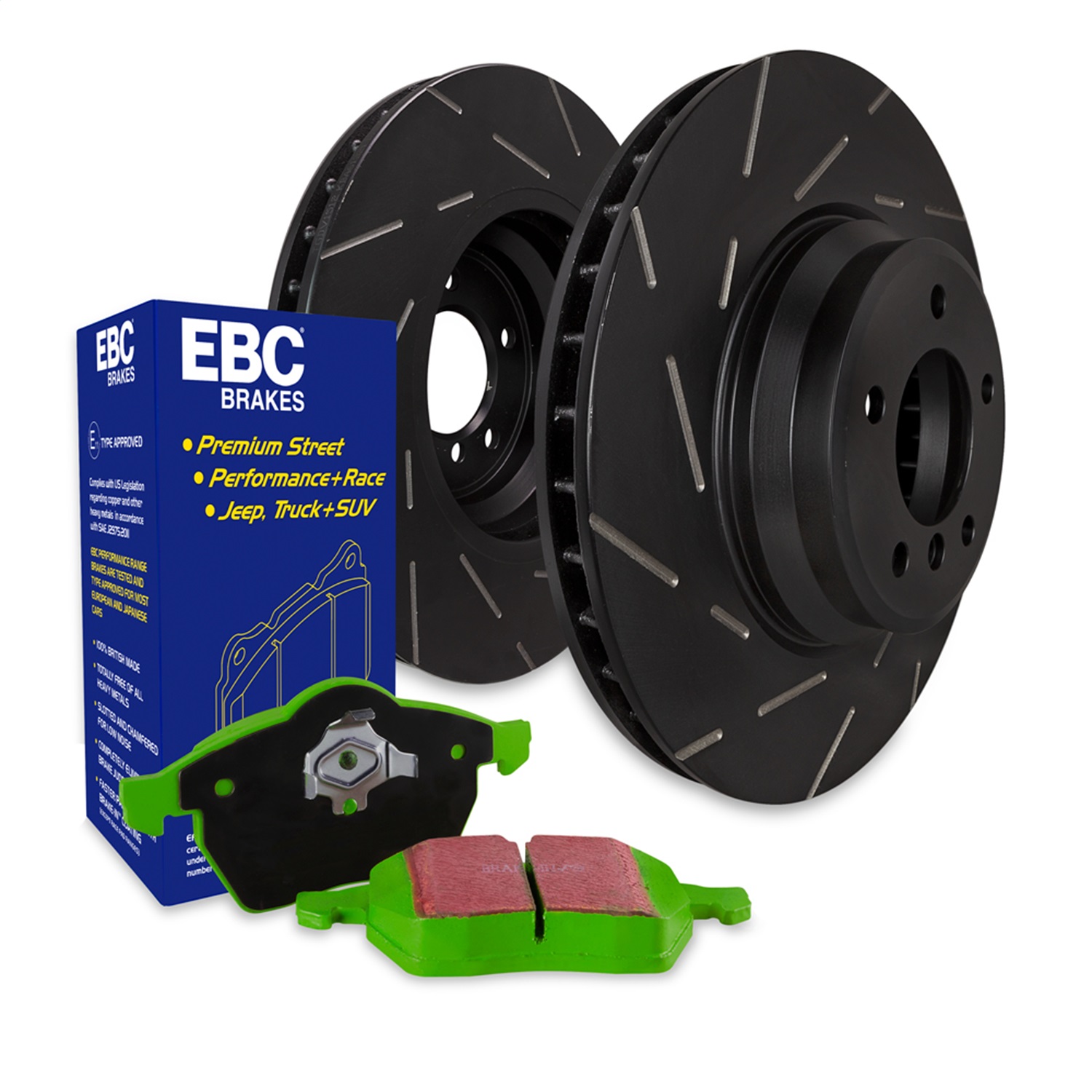 S2KR2365 Rear Brake Disc and Pad Kit, Silver Grey Geomet, Slotted, 5 Lugs, Aramid Fiber, S2 Greenstuff 2000 and USR Sport Slotted Rotors