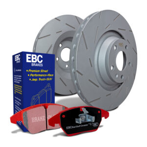 S4KR1335 Rear Brake Disc and Pad Kit, Silver Grey Geomet, Slotted, 5 Lugs, Aramid Fiber Ceramic, S4 Redstuff Ceramic Pad and USR Sport Slotted Rotors