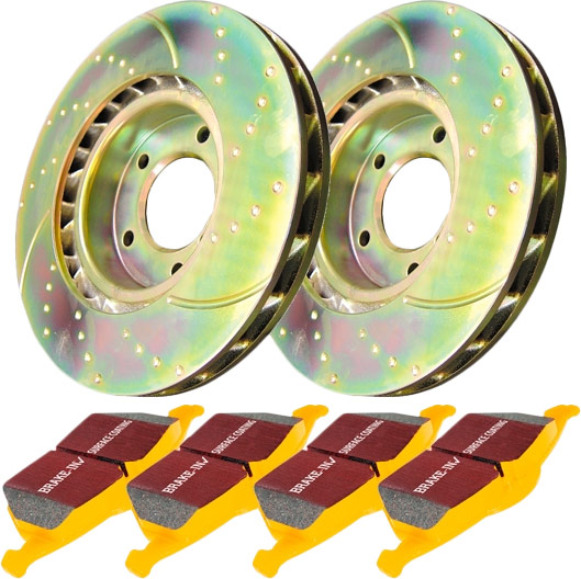 S5KF1110 Front Brake Disc and Pad Kit, Silver Grey Geomet, Dimpled and Slotted, 5 Lugs, 325.88 mm, Aramid Fiber, S5 Yellowstuff and GD Sport Slotted and Dimpled Super Street Rotors