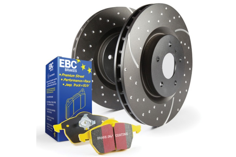 S5KF1354 Front Brake Disc and Pad Kit, Silver Grey Geomet, Dimpled and Slotted, 5 Lugs, 276.86 mm, Aramid Fiber, S5 Yellowstuff and GD Sport Slotted and Dimpled Super Street Rotors