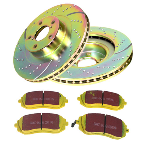 S5KF1356 Front Brake Disc and Pad Kit, Silver Grey Geomet, Dimpled and Slotted, 5 Lugs, 293.62 mm, Aramid Fiber, S5 Yellowstuff and GD Sport Slotted and Dimpled Super Street Rotors