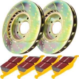 S5KR1193 Rear Brake Disc and Pad Kit, Silver Grey Geomet, Dimpled and Slotted, 5 Lugs, 266.7 mm, Aramid Fiber, S5 Yellowstuff and GD Sport Slotted and Dimpled Super Street Rotors