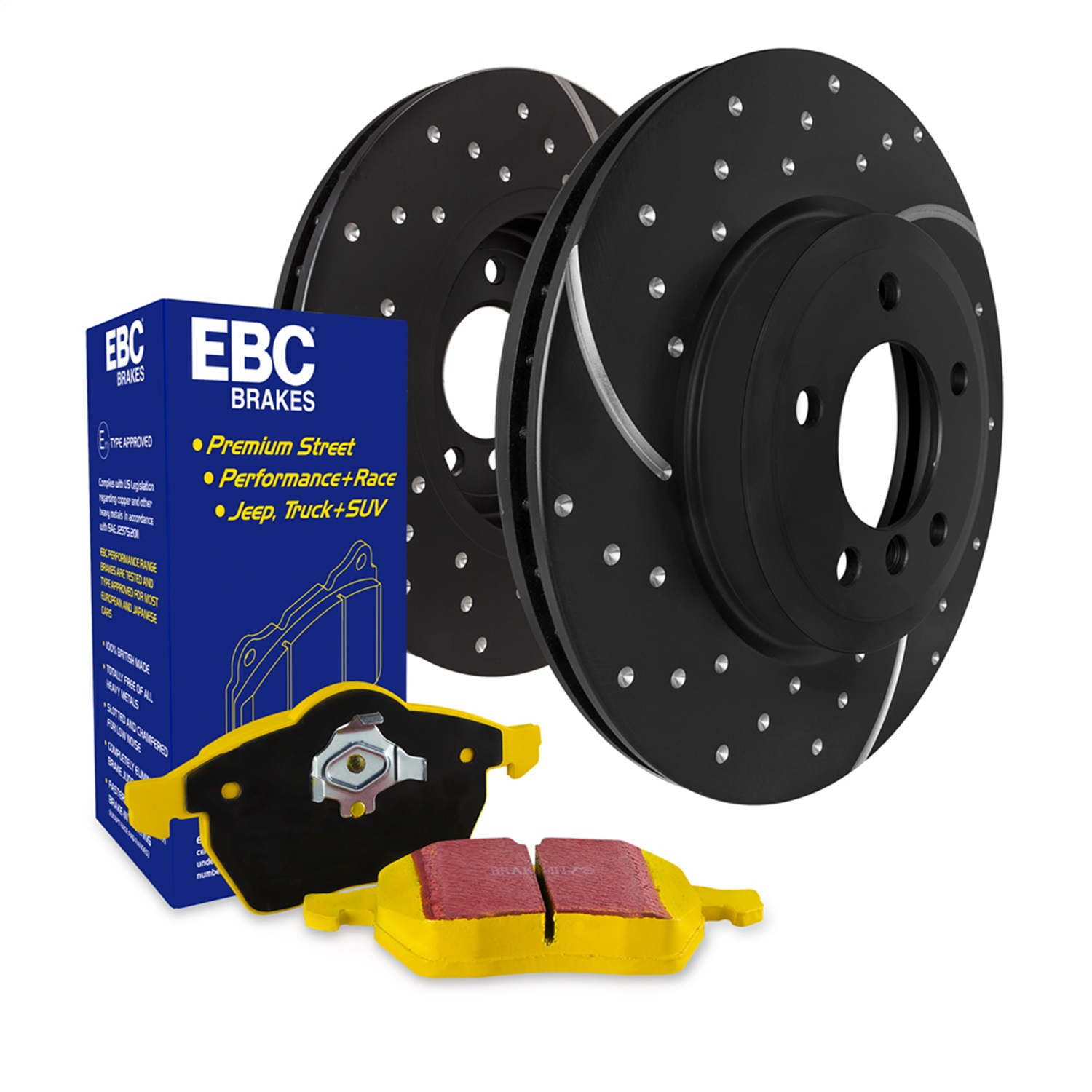 S5KR1393 Rear Brake Disc and Pad Kit, Silver Grey Geomet, Dimpled and Slotted, 5 Lugs, 266.7 mm, Aramid Fiber, S5 Yellowstuff and GD Sport Slotted and Dimpled Super Street Rotors