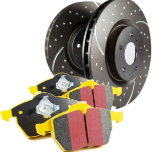 S5KR1524 Rear Brake Disc and Pad Kit, Silver Grey Geomet, Dimpled and Slotted, 5 Lugs, Aramid Fiber, S5 Yellowstuff and GD Sport Slotted and Dimpled Super Street Rotors