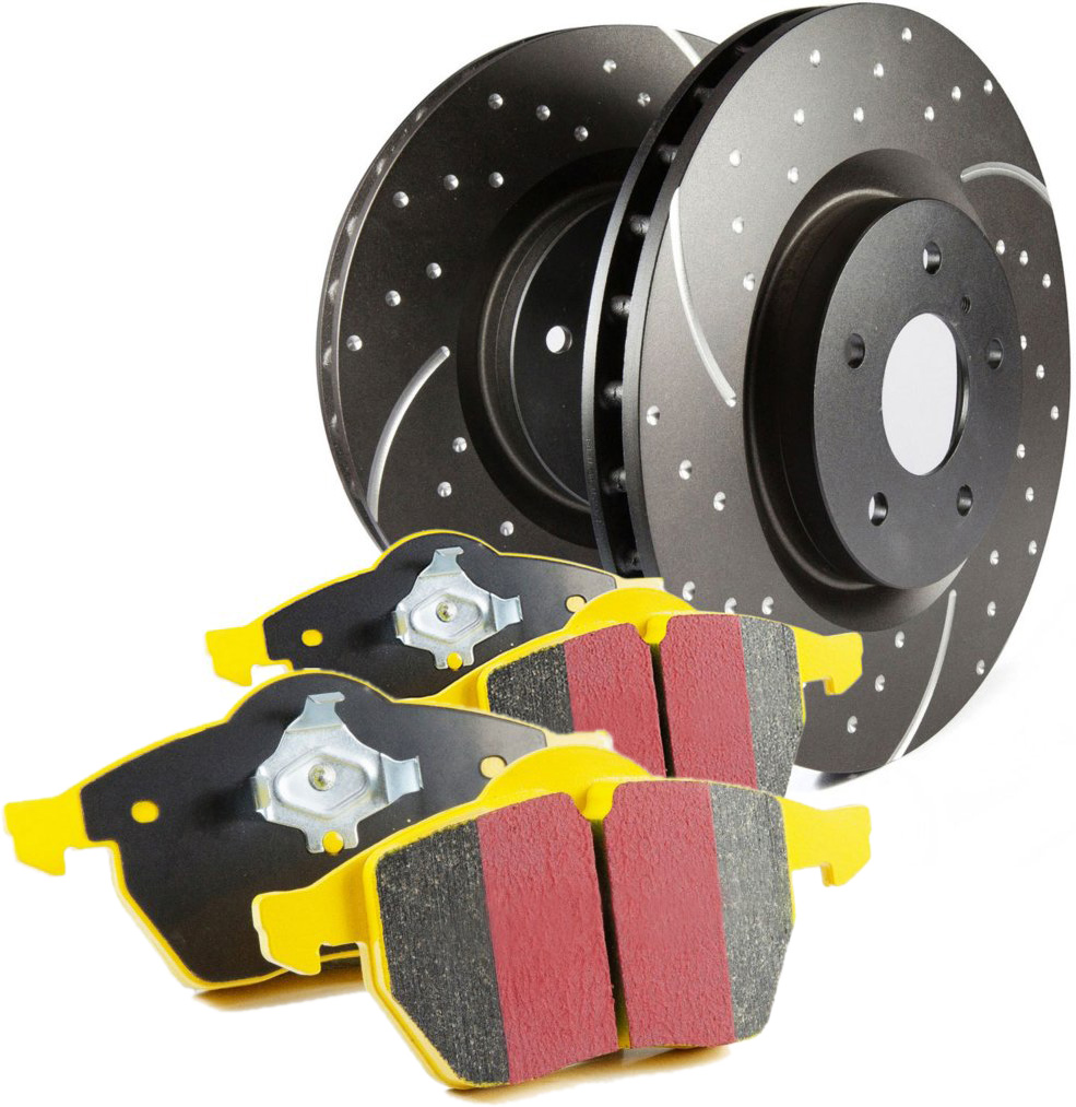 S5KR1524 Rear Brake Disc and Pad Kit, Silver Grey Geomet, Dimpled and Slotted, 5 Lugs, Aramid Fiber, S5 Yellowstuff and GD Sport Slotted and Dimpled Super Street Rotors