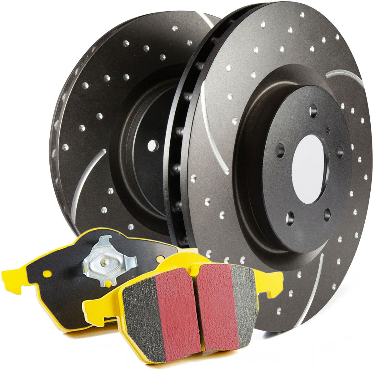 S5KR1661 Rear Brake Disc and Pad Kit, Silver Grey Geomet, Dimpled and Slotted, 5 Lugs, Aramid Fiber, S5 Yellowstuff and GD Sport Slotted and Dimpled Super Street Rotors