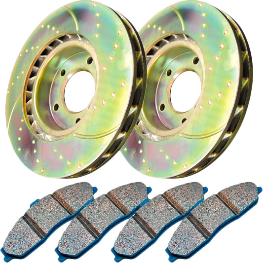 S6KF1027 Front Brake Disc and Pad Kit, Silver Grey Geomet, Dimpled and Slotted, 5 Lugs, 325.88 mm, Aramid Fiber, S6 Bluestuff NDX Pad and GD Sport Slotted and Dimpled Rotors