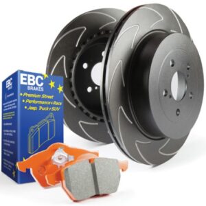 S7KF1091 Front Brake Disc and Pad Kit, Silver Grey Geomet, Slotted, 5 Lugs, Aramid Fiber Ceramic, S7 Orangestuff Pad and BSD Sport Vee Slotted Rotors