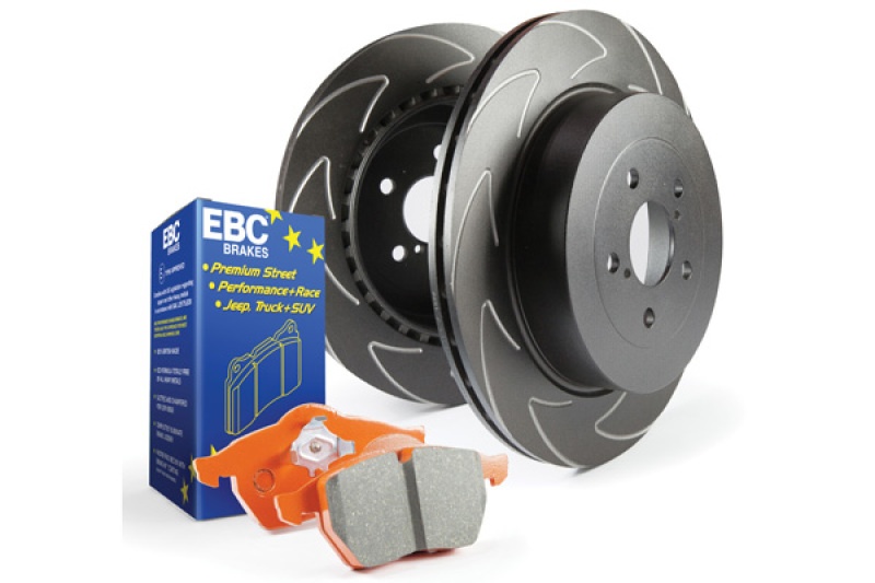S7KF1091 Front Brake Disc and Pad Kit, Silver Grey Geomet, Slotted, 5 Lugs, Aramid Fiber Ceramic, S7 Orangestuff Pad and BSD Sport Vee Slotted Rotors