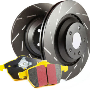 S9KR1555 Rear Brake Disc and Pad Kit, Silver Grey Geomet, Slotted, 5 Lugs, Aramid Fiber, S9 Yellowstuff Pad and USR Sport Slotted Rotors