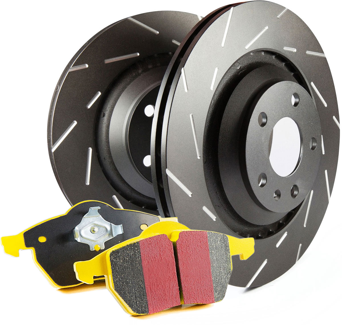 S9KR1555 Rear Brake Disc and Pad Kit, Silver Grey Geomet, Slotted, 5 Lugs, Aramid Fiber, S9 Yellowstuff Pad and USR Sport Slotted Rotors
