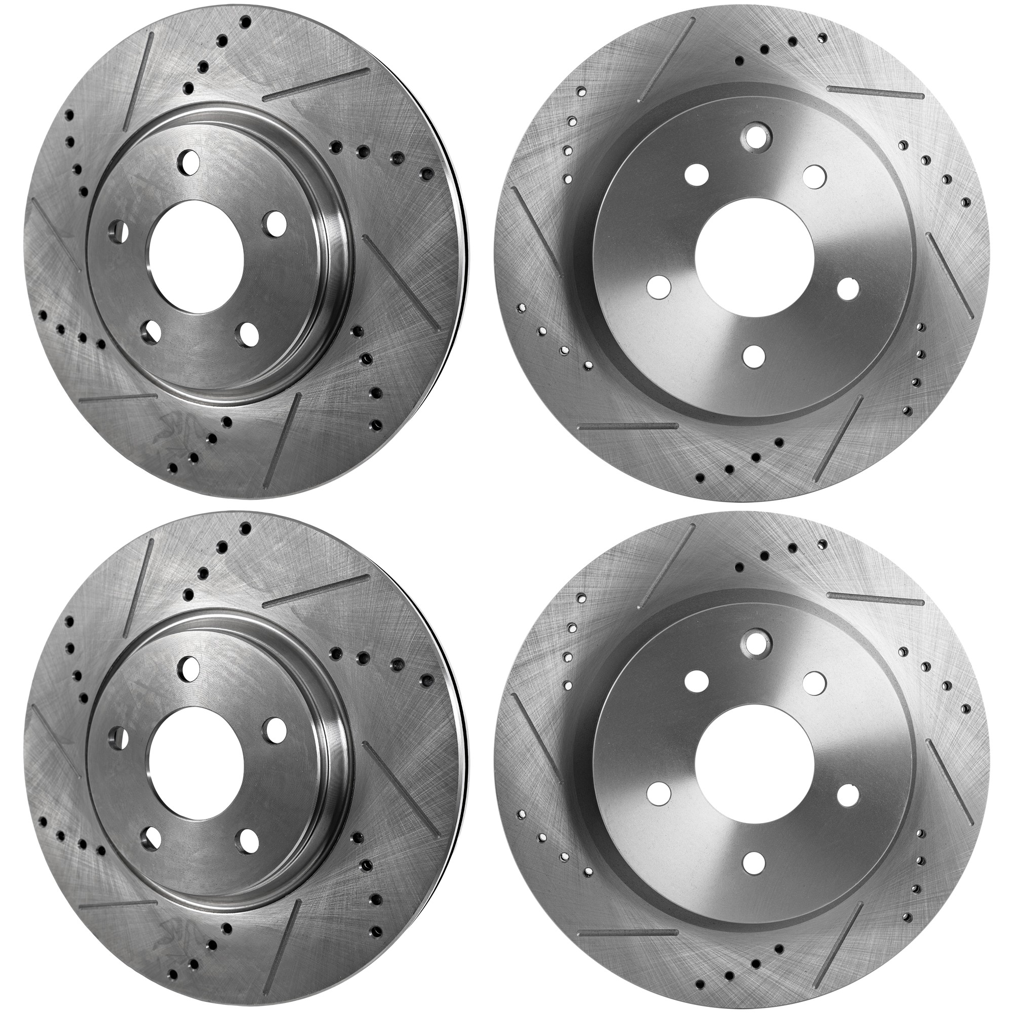 Front and Rear Brake Discs, 4-Wheel Set, Cross-Drilled and Slotted, Vented, 5 Lugs