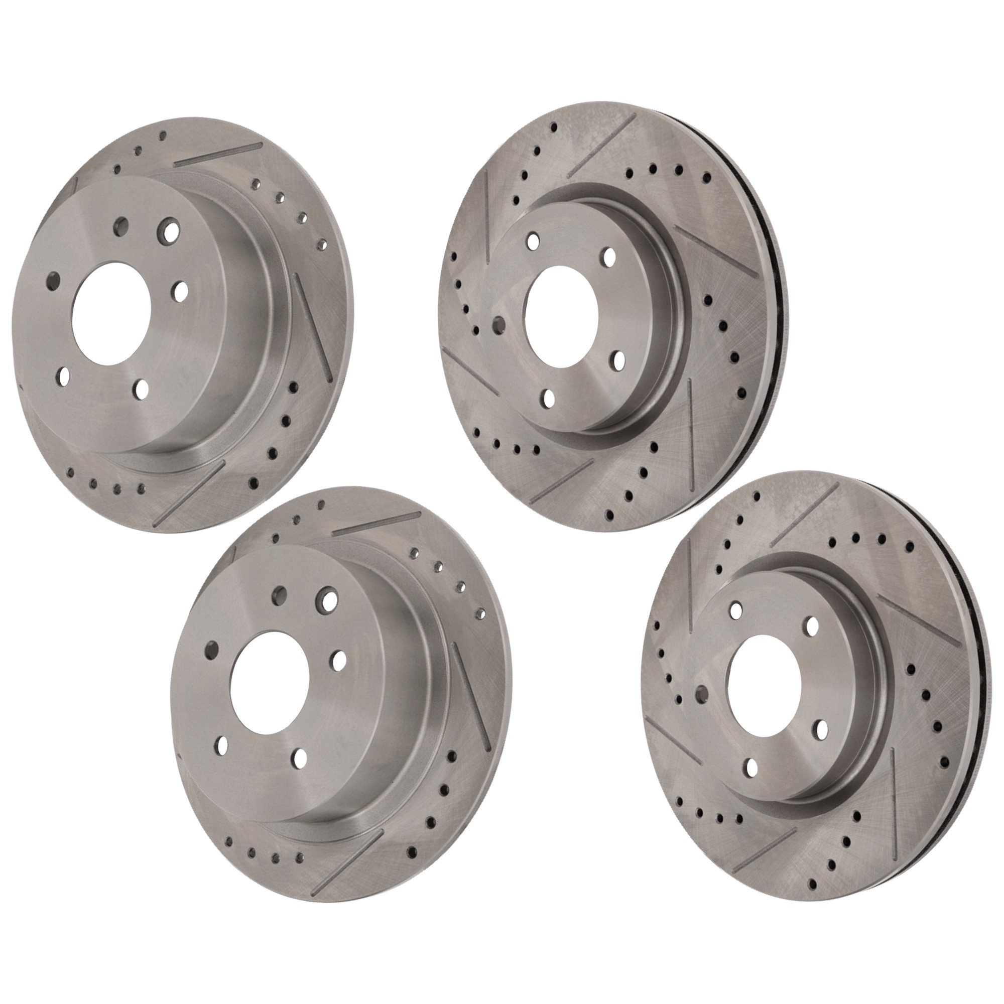 Front and Rear Brake Disc, 4-Wheel Set, Cross-drilled and Slotted, Vented - Front; Solid - Rear, 5 Lugs