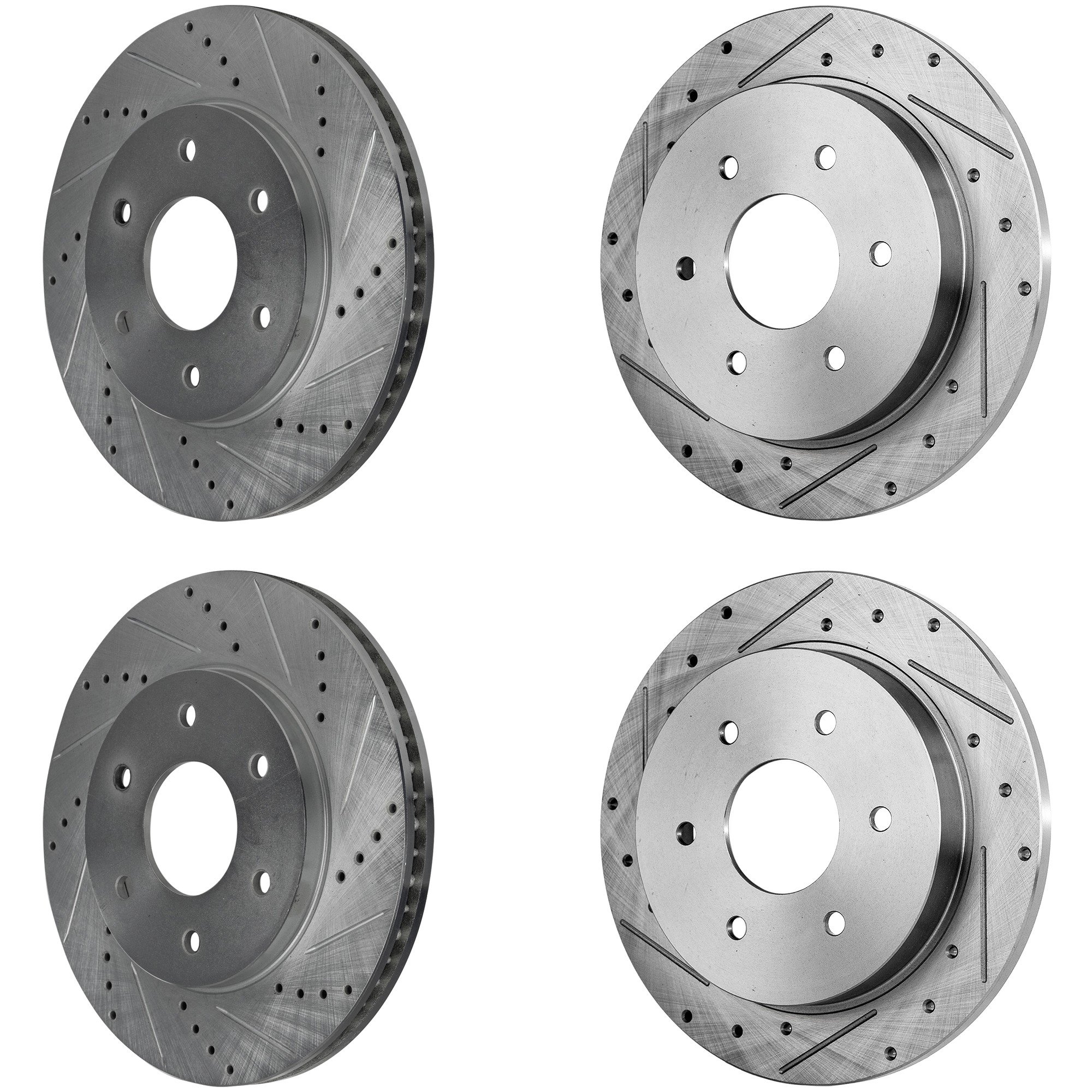 Front and Rear Brake Disc, 4-Wheel Set, Cross-drilled and Slotted, Vented - Front; Solid - Rear, 6 Lugs