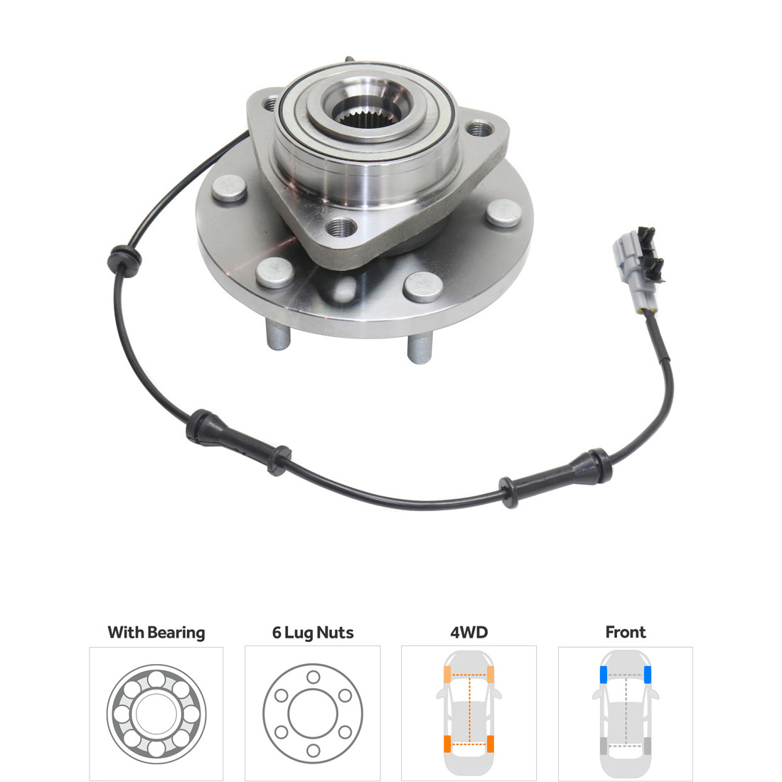 Front, Driver and Passenger Side Wheel Hub, 6 Lugs, With Bearing, With Sensor(s), 5.6L, 8Cyl - Image 2