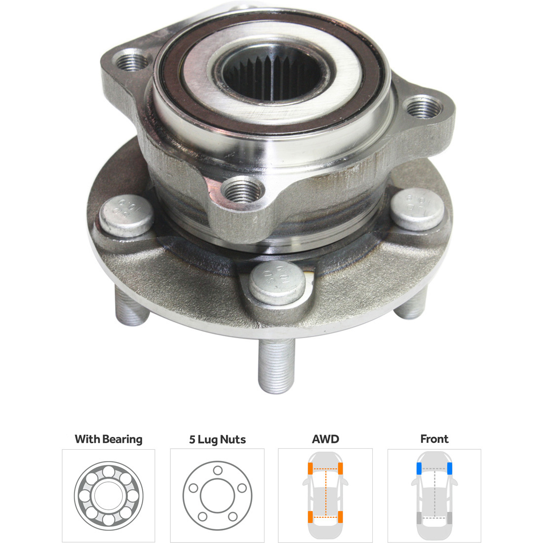 Front, Driver and Passenger Side Wheel Hub, 5 Lugs, With Bearing - Image 2
