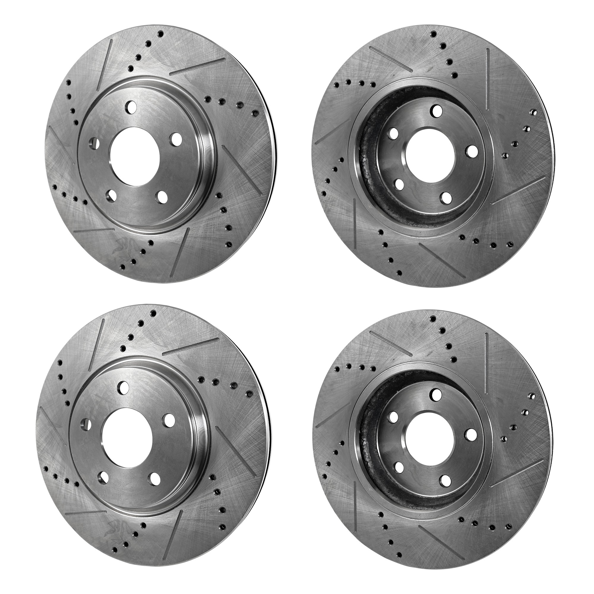 Front and Rear Brake Discs, 4-Wheel Set, Cross-Drilled and Slotted, Vented - Front, Solid - Rear, 5 Lugs, Pro-Line Series