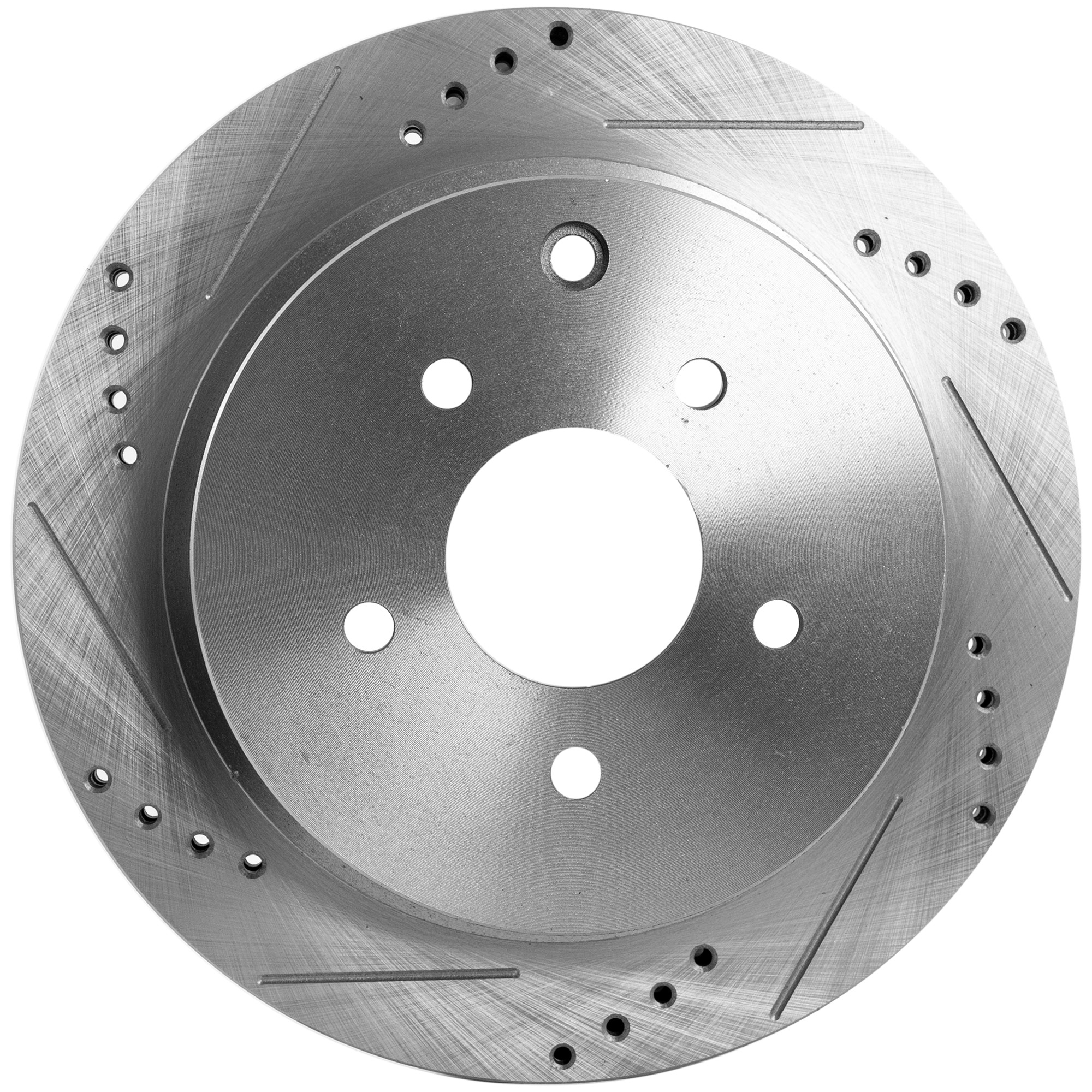 Rear, Driver or Passenger Side Brake Disc, Natural Finish, Cross-drilled and Slotted, Solid, 5 Lugs, 307.8 mm, Pro-Line Series