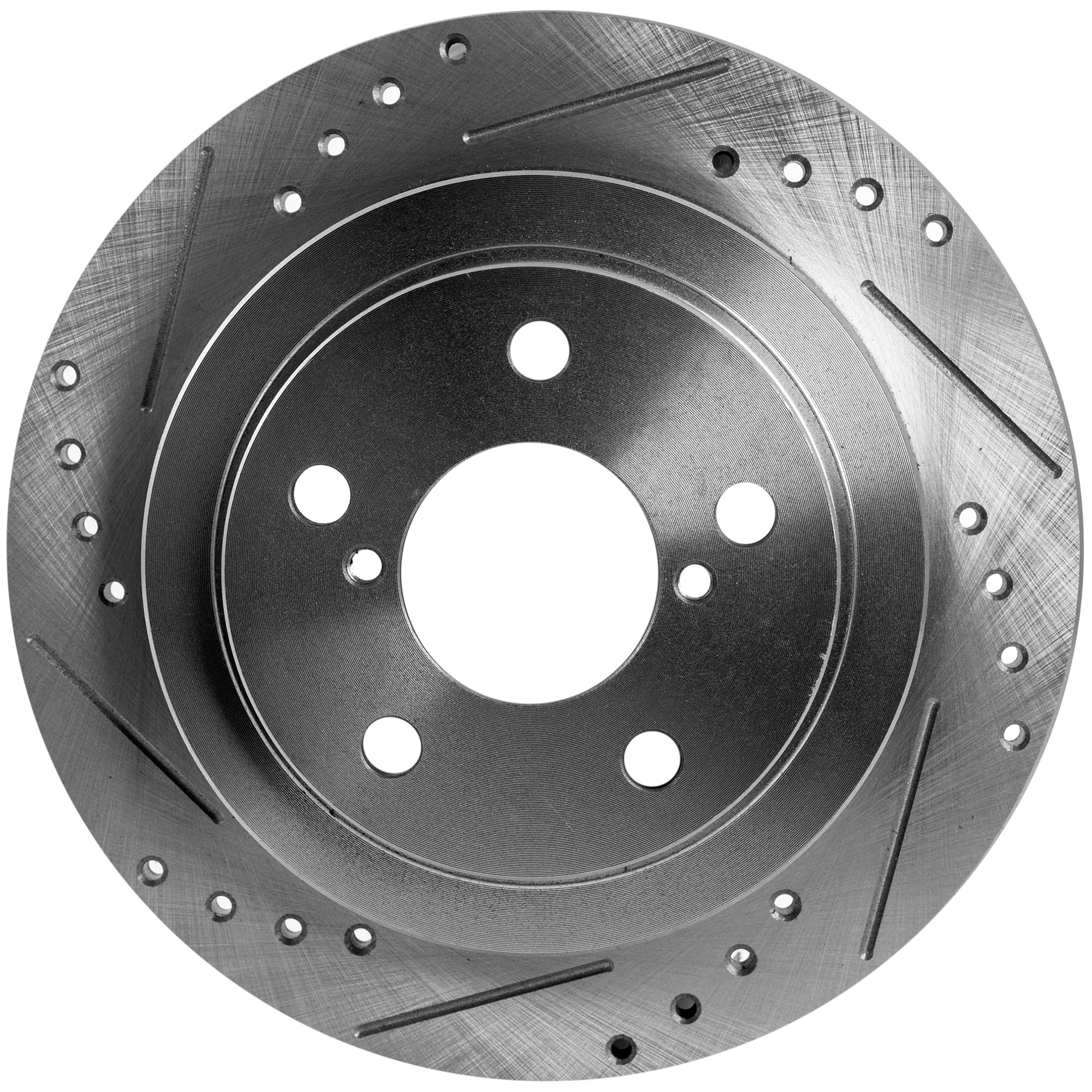 Rear, Driver or Passenger Side Brake Disc, Natural Finish, Cross-drilled and Slotted, Solid, 5 Lugs, 265.43 mm, Pro-Line Series