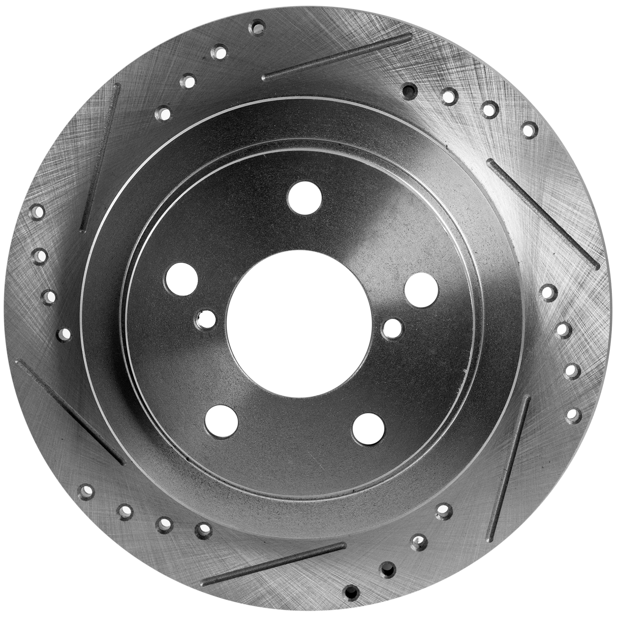 Rear, Driver or Passenger Side Brake Disc, Natural Finish, Cross-drilled and Slotted, Solid, 5 Lugs, 265.43 mm, Pro-Line Series - Image 2