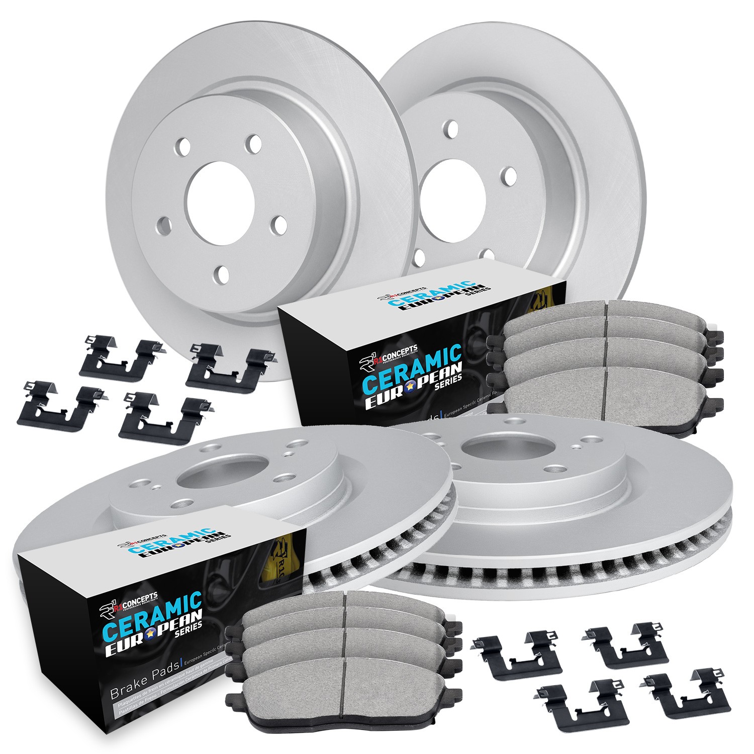WDTH2-10802 Front and Rear Brake Disc and Pad Kit, Coated, Plain Surface, Front - 305 mm, Rear - 279 mm, Ceramic, R1 GEO-Carbon Rotors with European Ceramic Pads Series