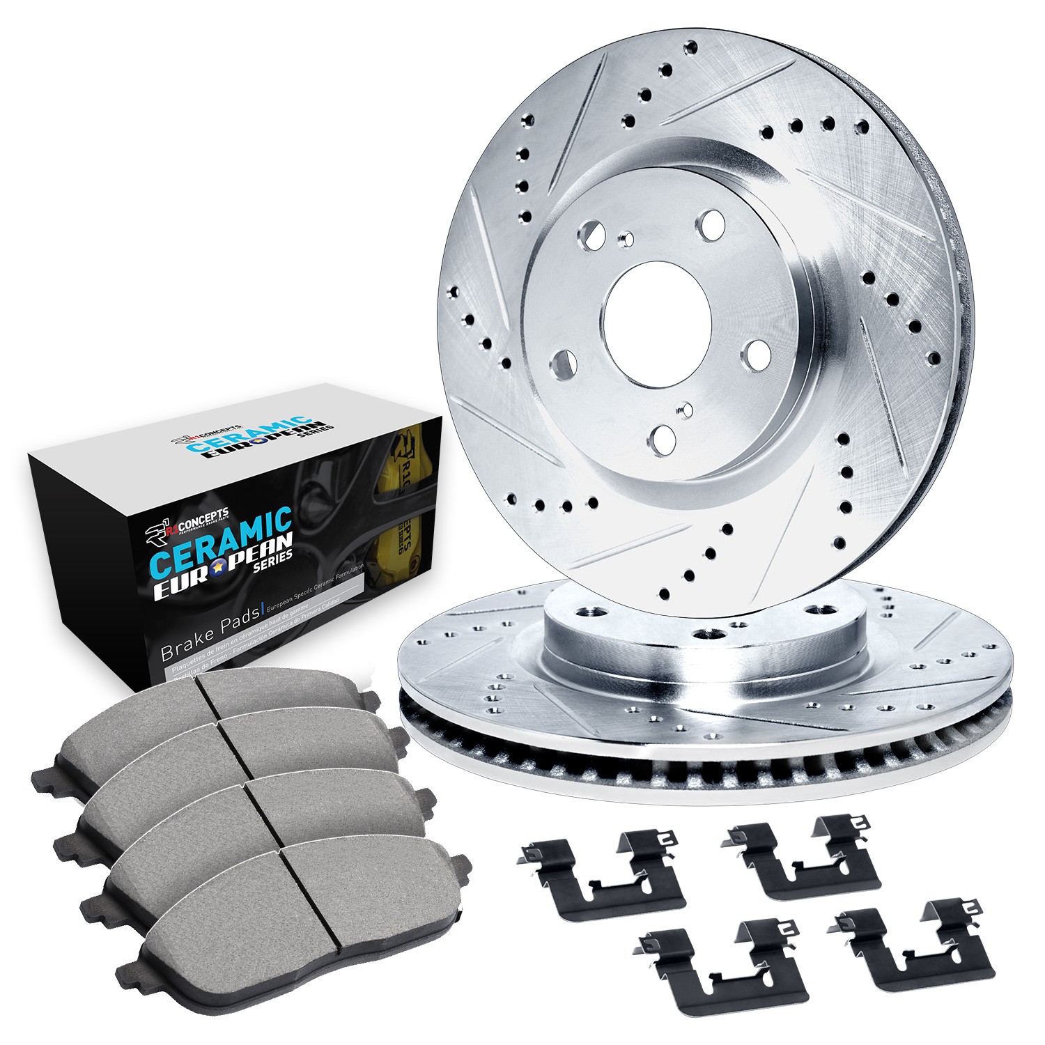 WGTH1-13014 Front Brake Disc and Pad Kit, Silver zinc-plated, Cross-drilled and Slotted, 340 mm, Ceramic, R1 eLINE Silver Rotors with European Ceramic Pads Series