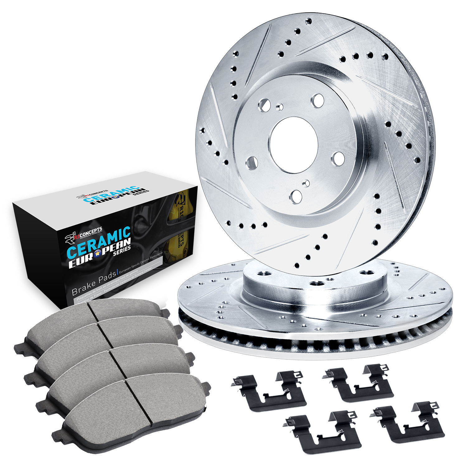 WGTH1-13014 Front Brake Disc and Pad Kit, Silver zinc-plated, Cross-drilled and Slotted, 340 mm, Ceramic, R1 eLINE Silver Rotors with European Ceramic Pads Series